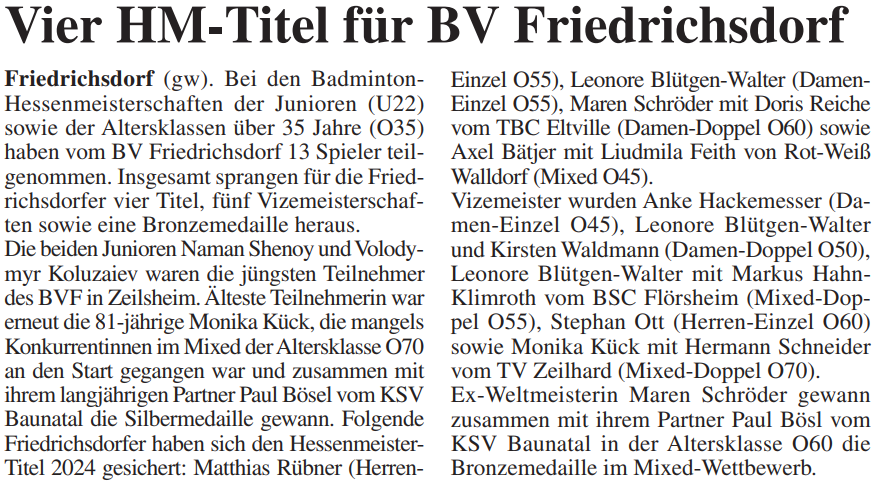 Vier HM-Titel für BV Friedrichsdorf
