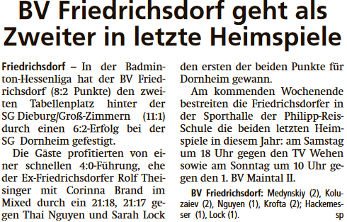 BV Friedrichsdorf geht als Zweiter in letzte Heimspiele