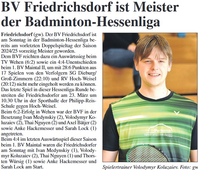 BV Friedrichsdorf ist Meister der Badminton-Hessenliga
