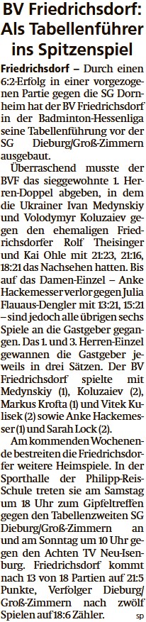 BV Friedrichsdorf: Als Tabellenführer ins Spitzenspiel