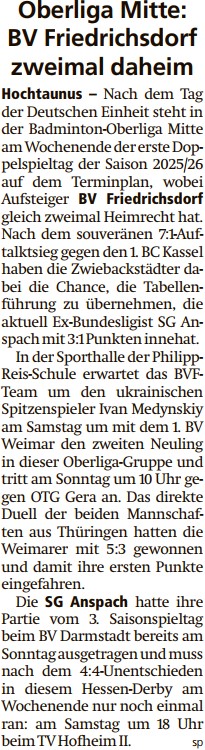 Oberliga Mitte: BV Friedrichsdorf zweimal daheim