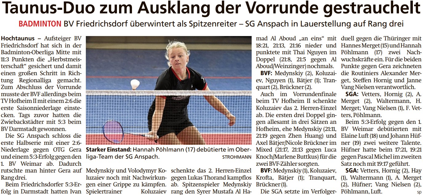 Taunus-Duo zum Ausklang der Vorrunde gestrauchelt