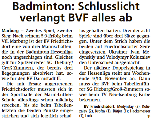 Schlusslicht verlangt BVF alles ab